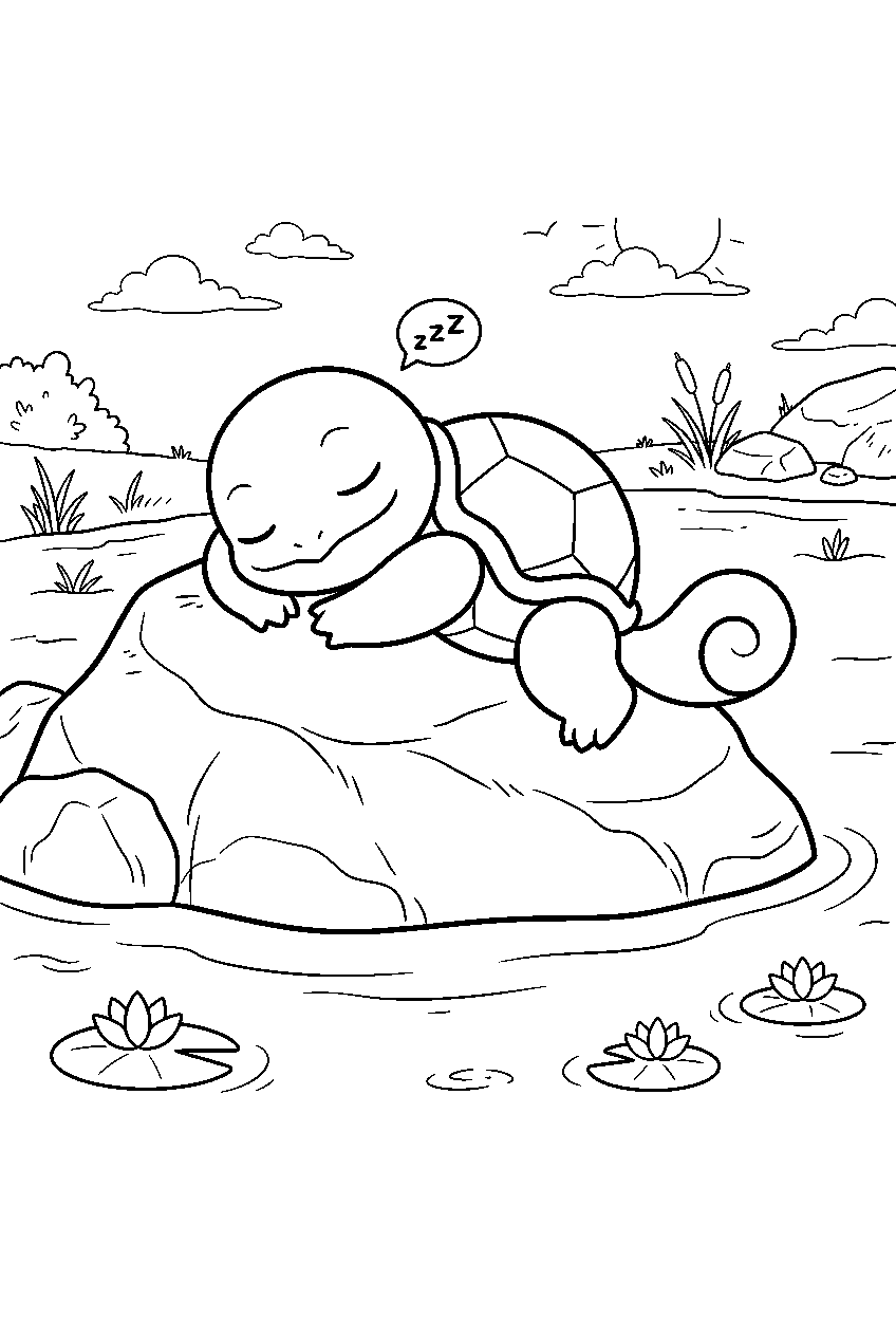squirtle sleeping on a warm rock beside a quiet stream line art