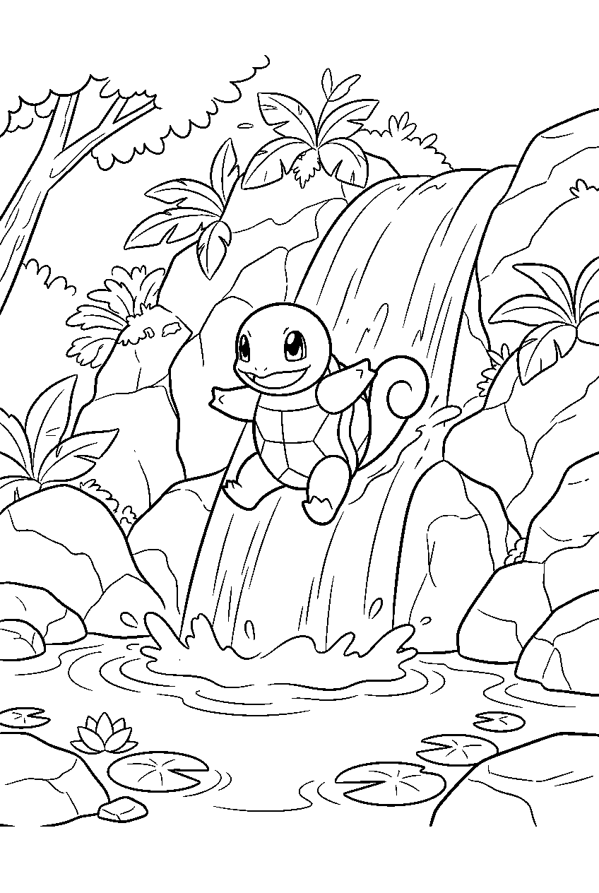 squirtle sliding down a waterfall into a forest pool line art