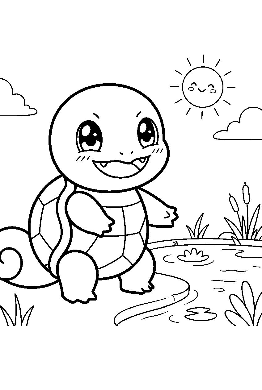squirtle smiling with a kawaii expression beside a sunny pond line art