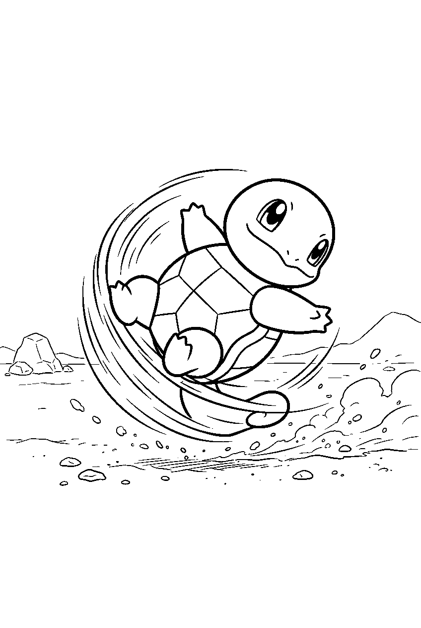 squirtle spinning with rapid spin across a sandy battlefield line art