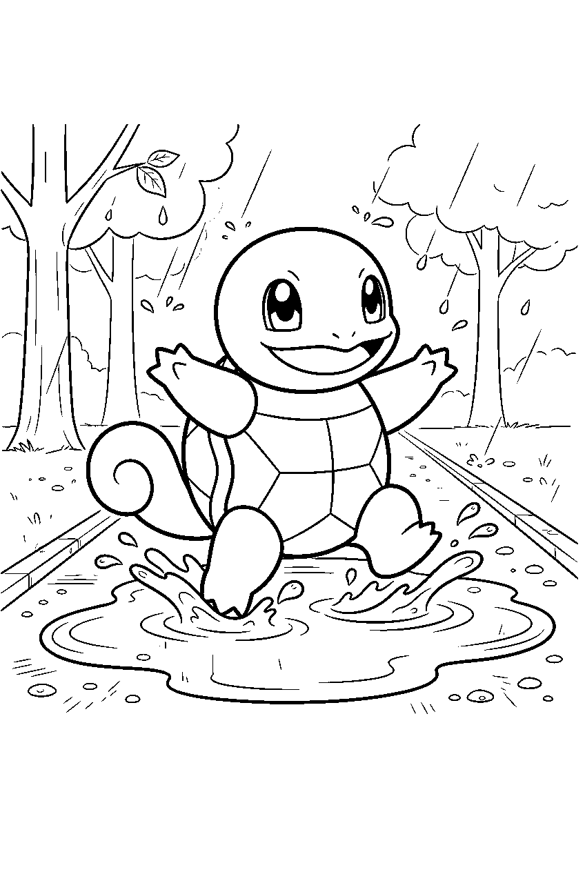 squirtle splashing through a puddle on a rainy park path line art