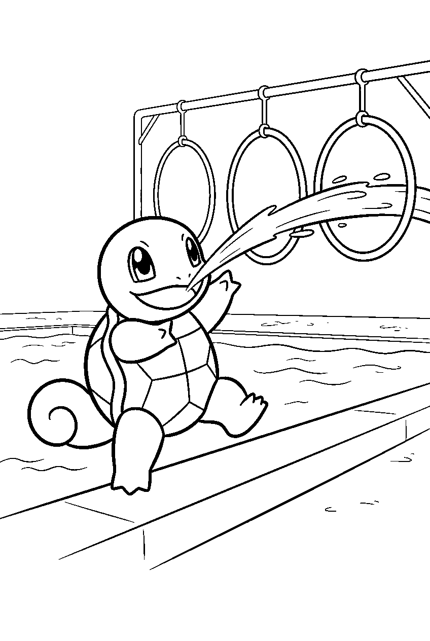squirtle spraying water through hoops at a training pool line art