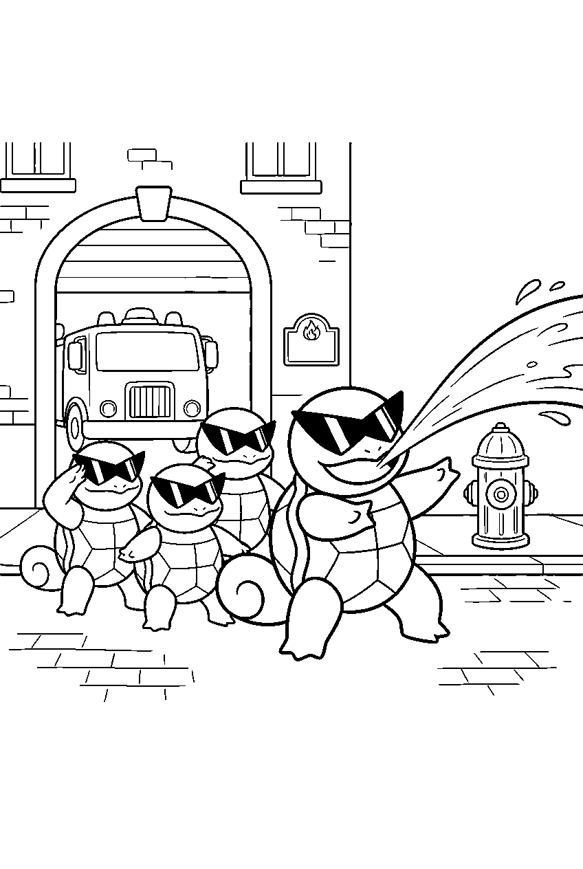 squirtle spraying water with the squirtle squad beside a fire station line art