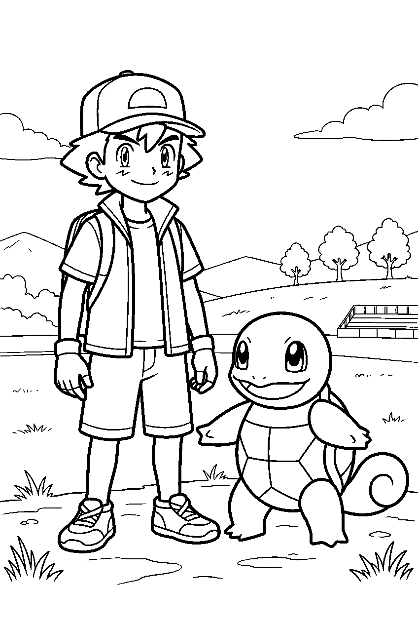 squirtle standing beside ash at an outdoor training field line art