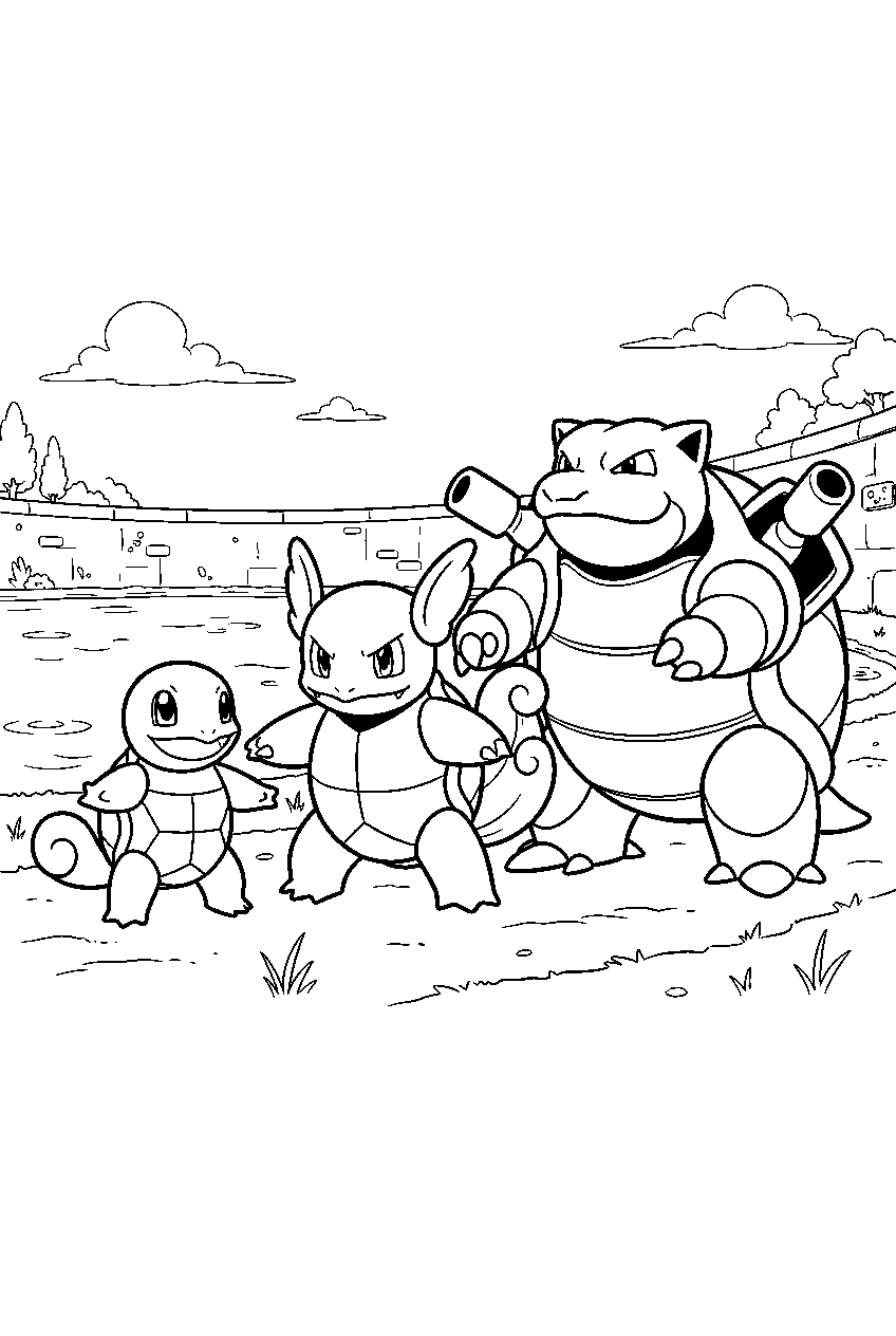 squirtle standing beside wartortle and blastoise in an evolution lineup at a lakeside arena line art