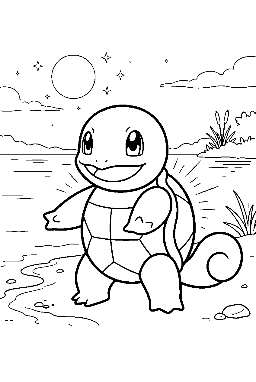 squirtle standing with its shell shining beside a moonlit lake line art