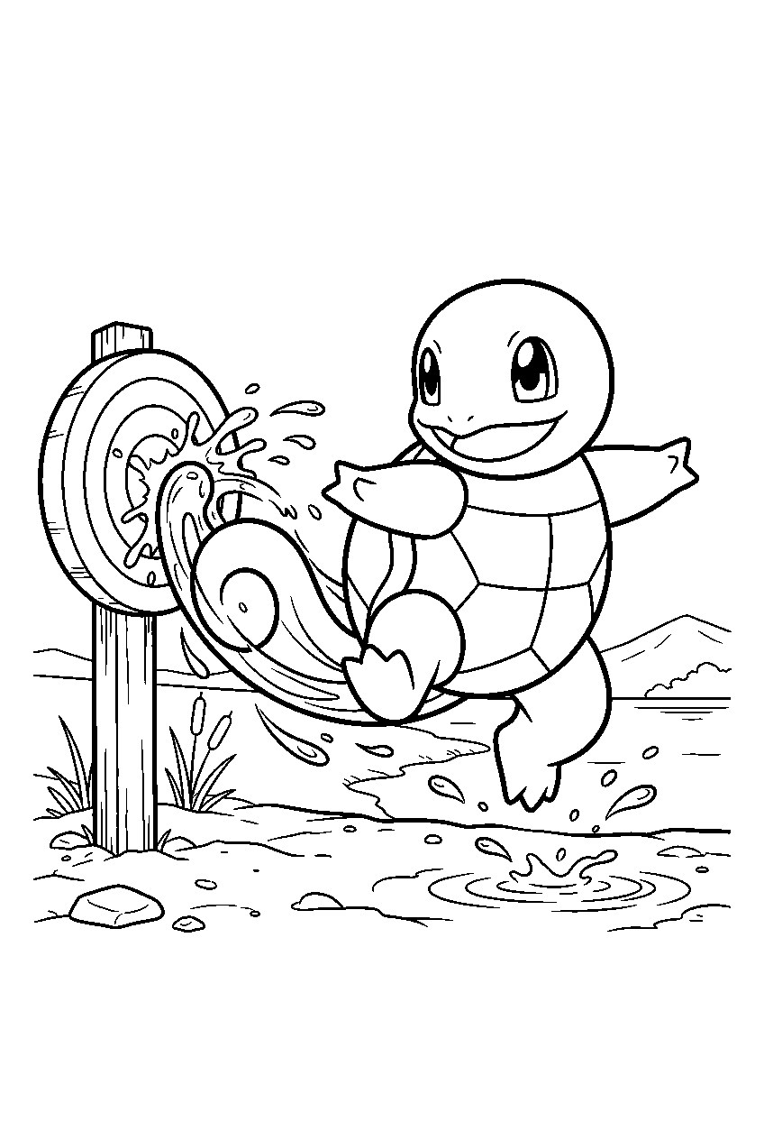squirtle striking a target with aqua tail in a lakeside arena line art