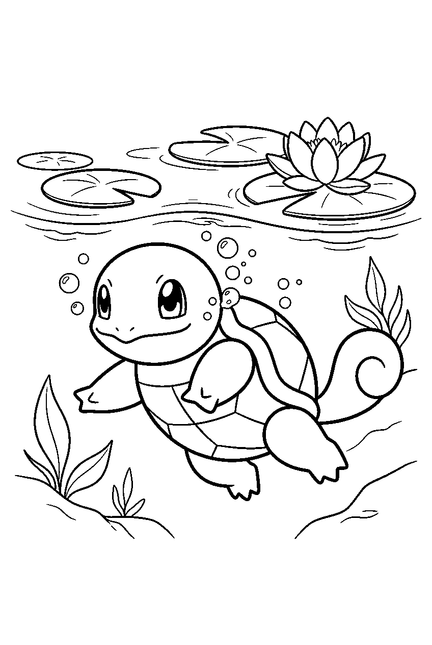 squirtle swimming beneath lily pads in a garden pond line art