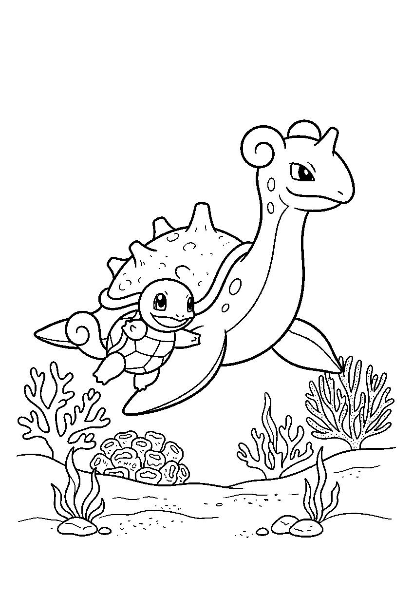 squirtle swimming beside lapras above a coral reef line art