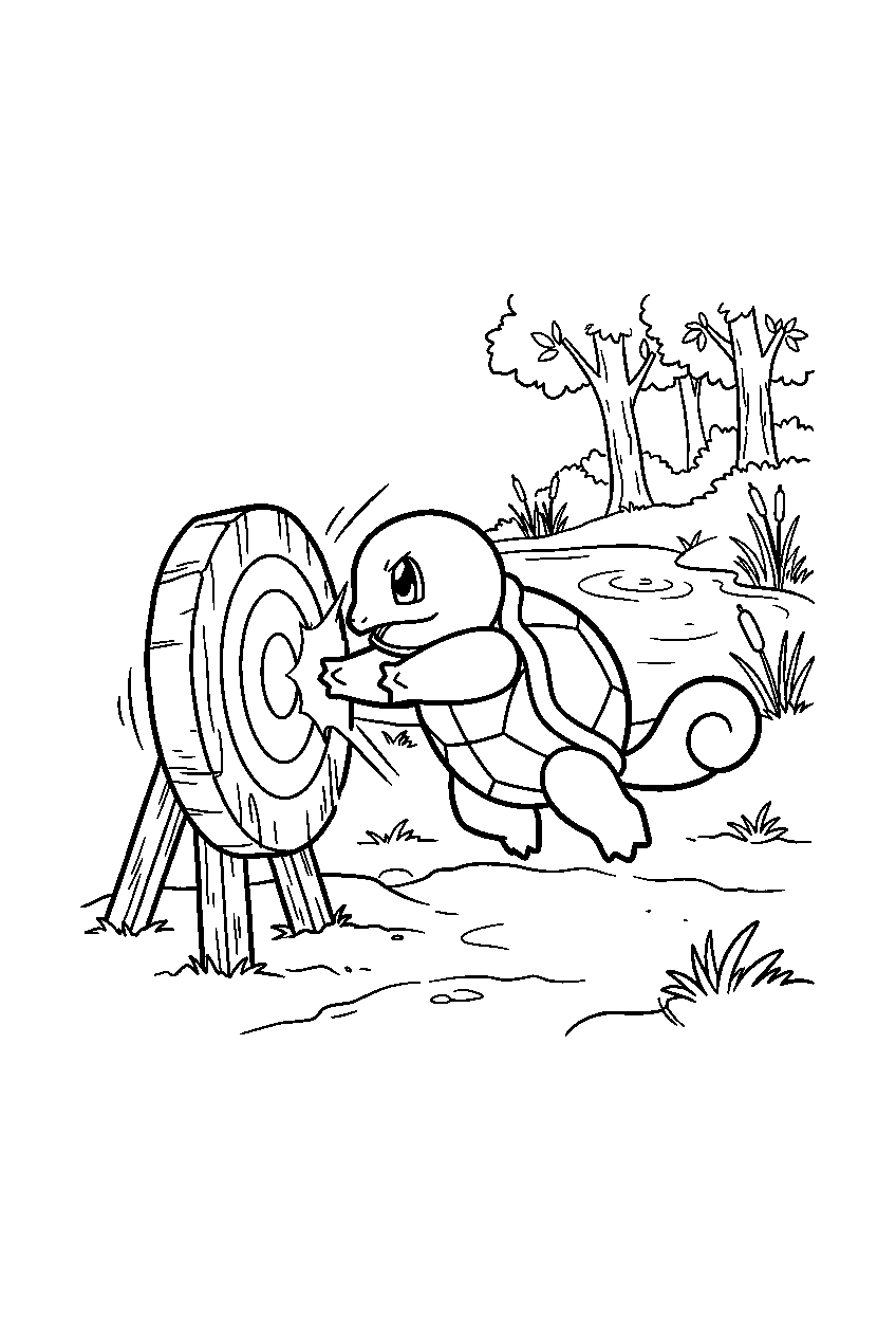 squirtle tackling a practice target beside a forest pond line art