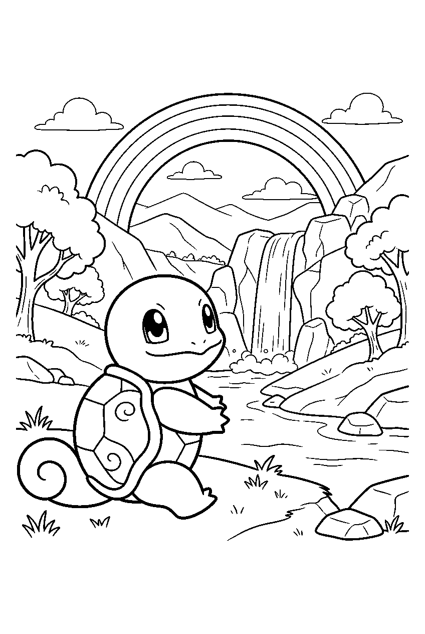 squirtle watching a rainbow above a waterfall valley line art