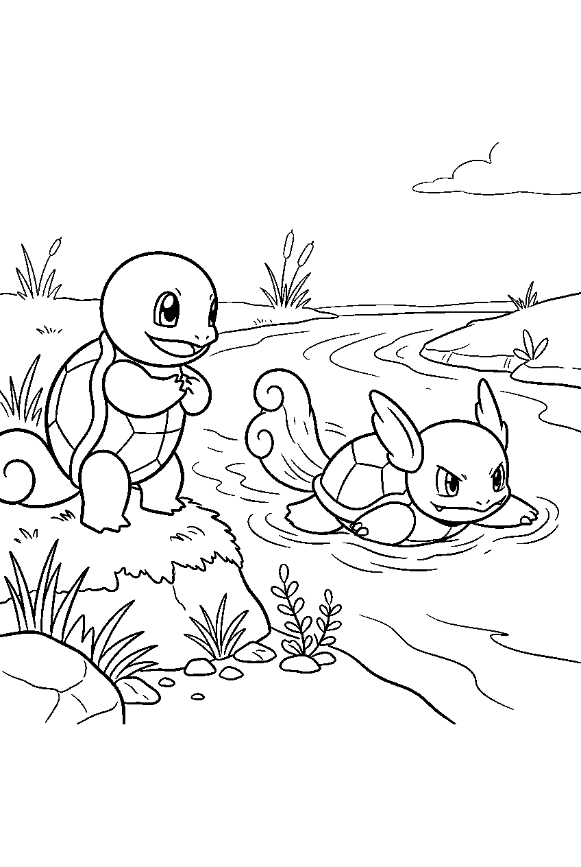 squirtle watching wartortle swim through a clear river line art