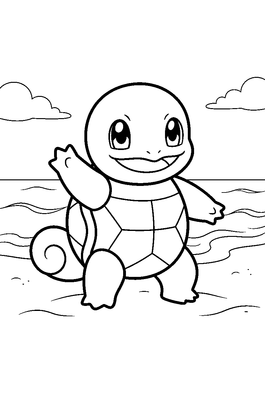 squirtle waving in a cute chibi pose against a simple beach background line art