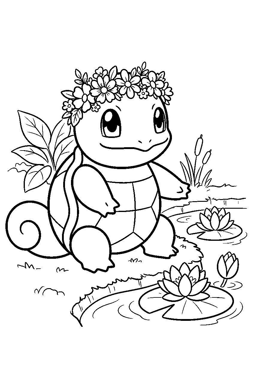 squirtle wearing a flower crown beside water lilies in a garden pond line art