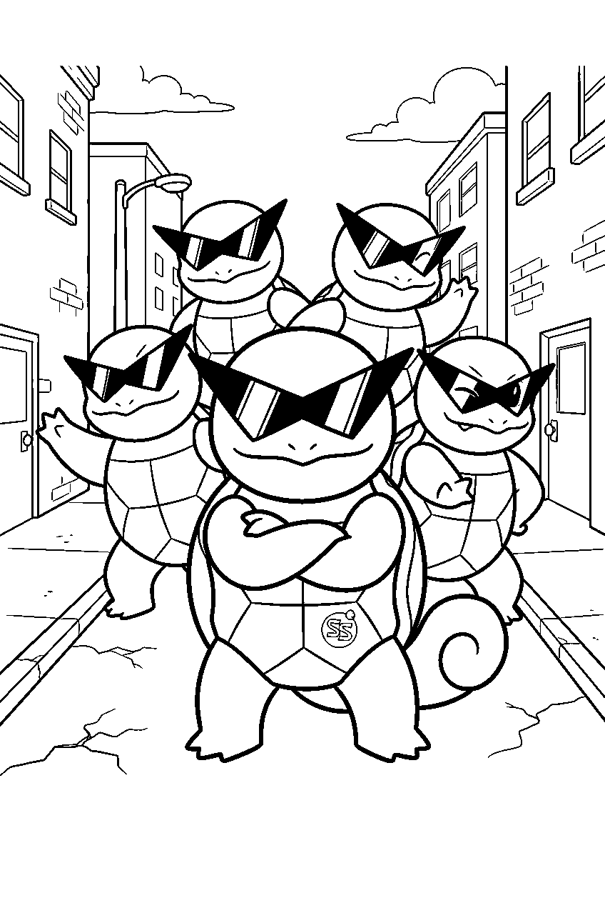 squirtle wearing pointed sunglasses with the squirtle squad on a city street line art
