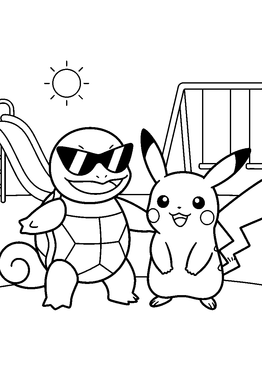 squirtle wearing sunglasses with pikachu on a sunny playground line art