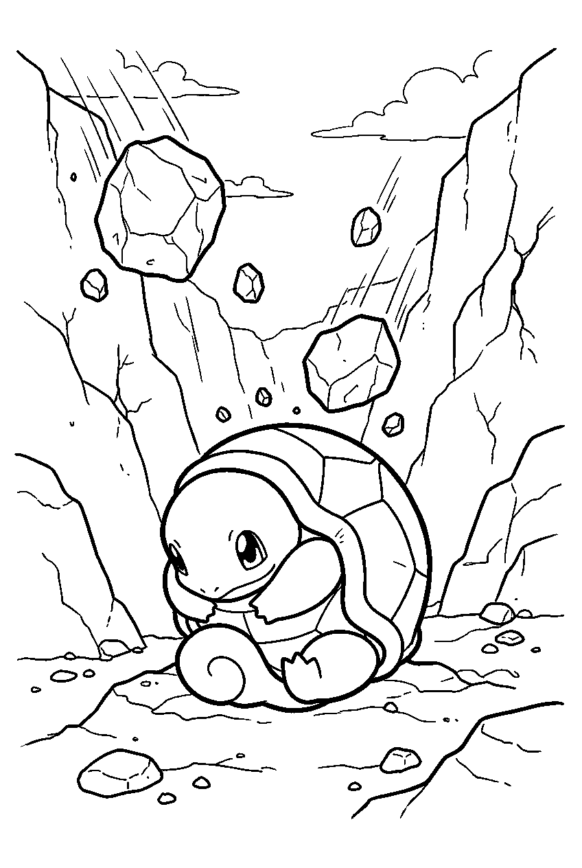squirtle withdrawing into its shell beneath falling rocks in a canyon line art