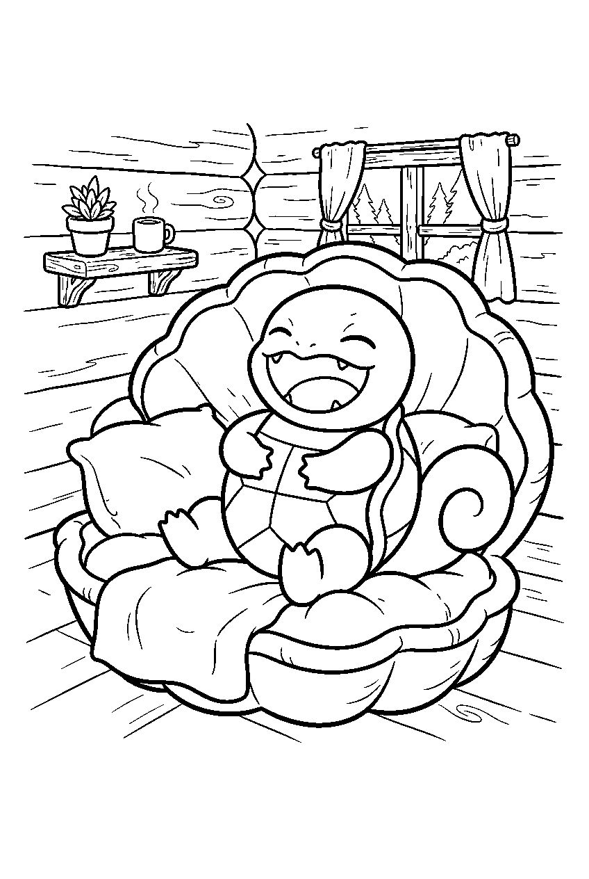 squirtle yawning inside a shell shaped bed in a cozy cabin line art