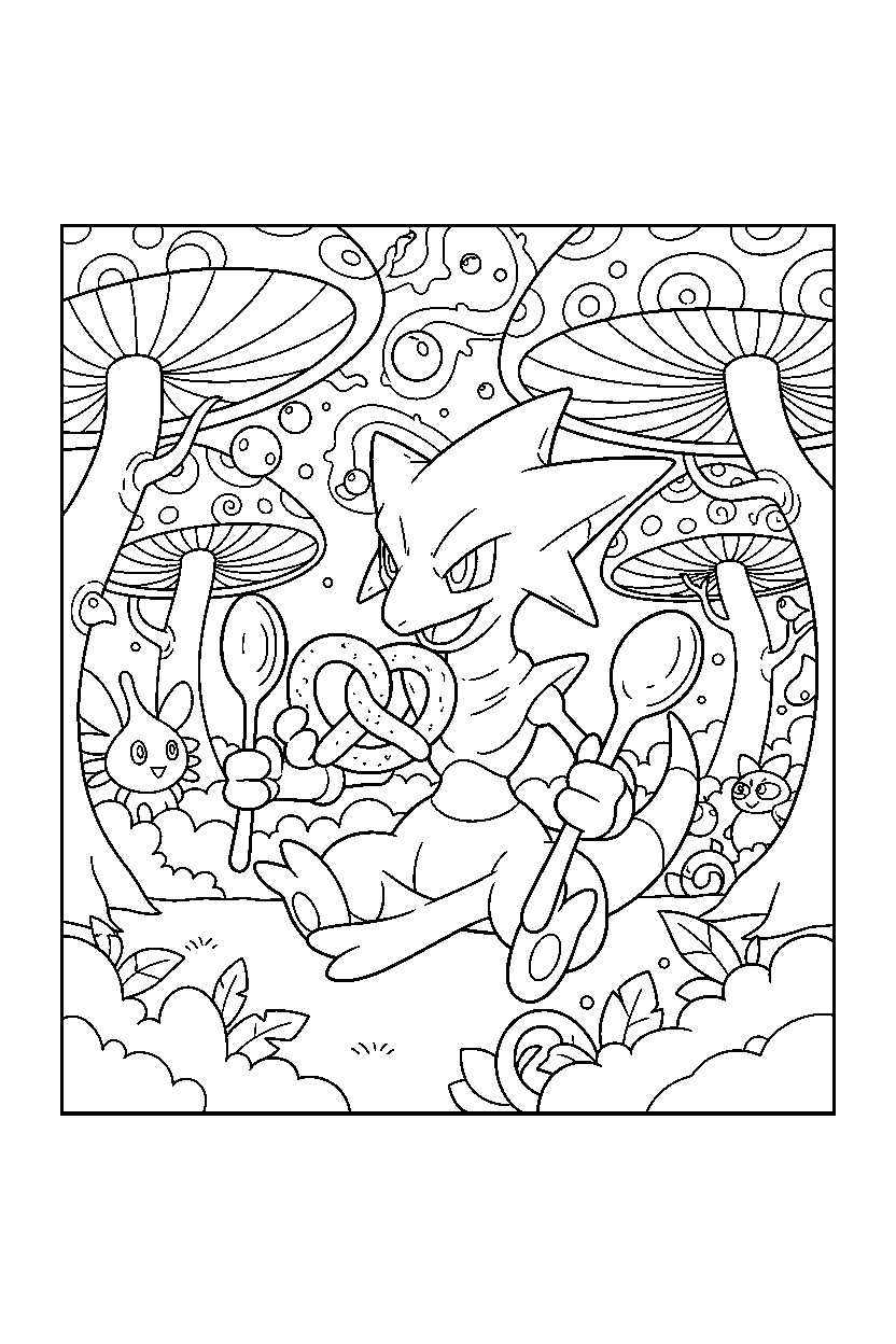 alakazam pokemon eating a snack in a magic forest line art