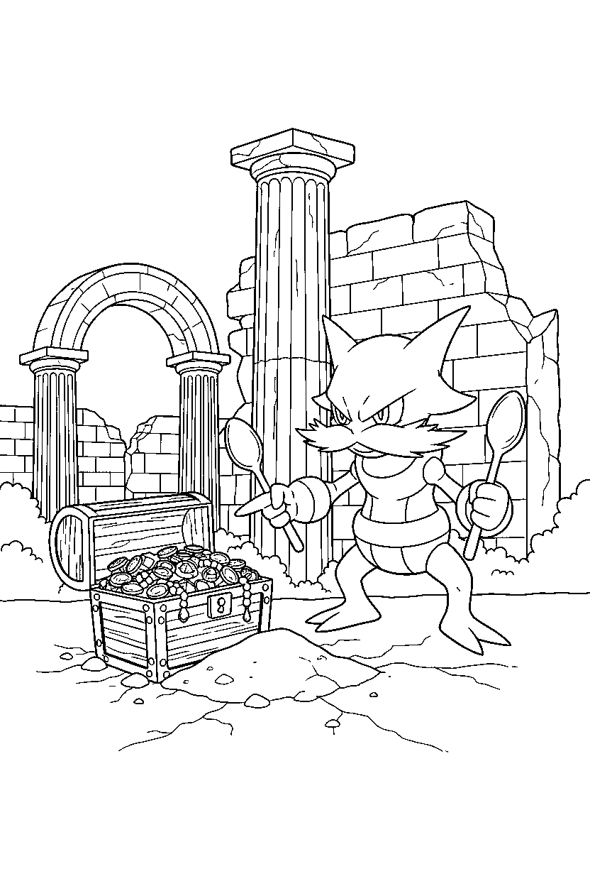 alakazam pokemon finding a treasure near ancient ruins line art