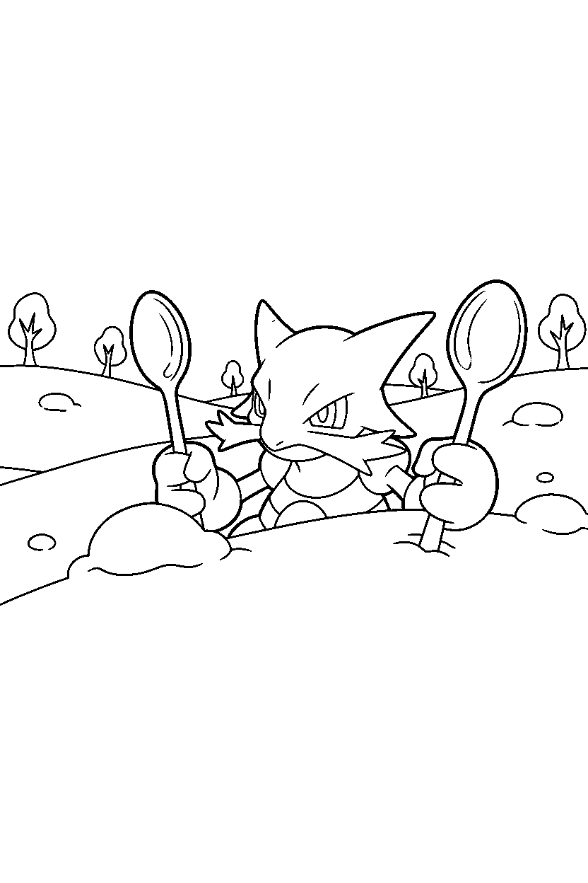 alakazam pokemon hiding playfully in a snowy field line art