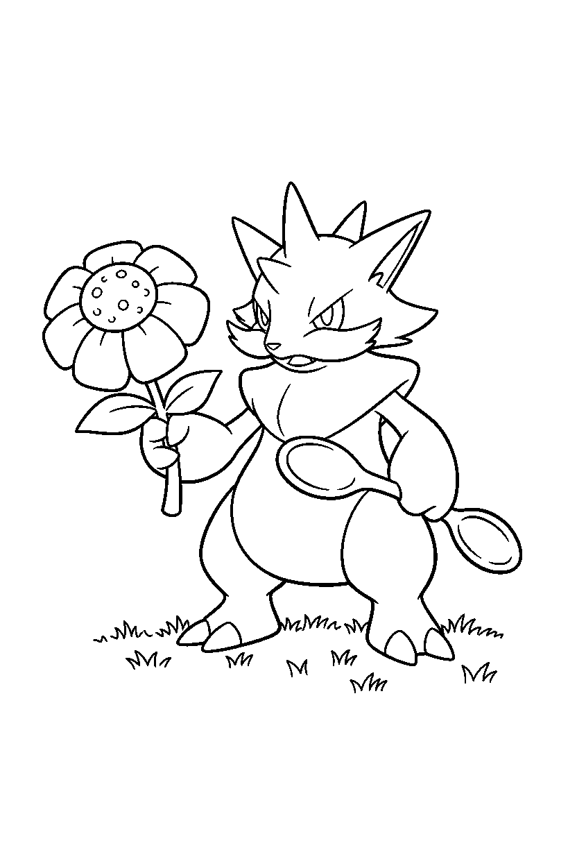 alakazam pokemon holding a flower in a grassy field line art