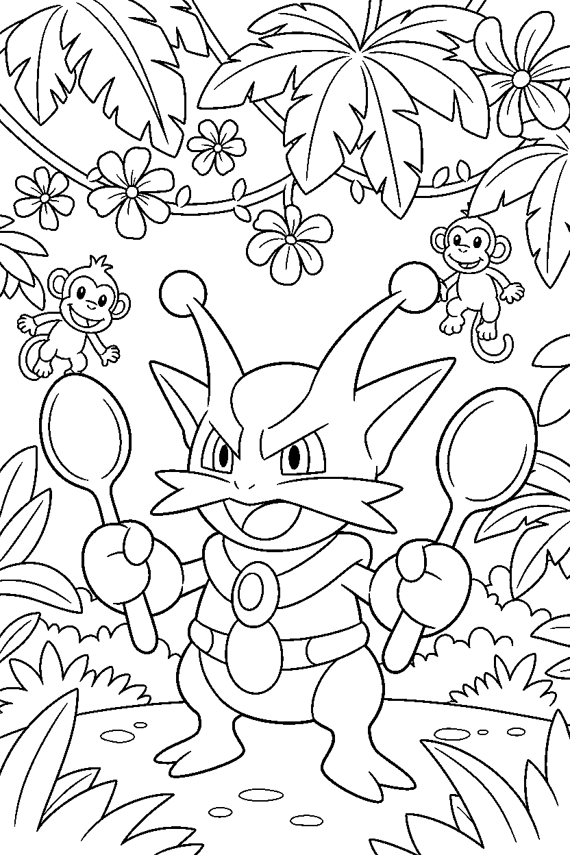 alakazam pokemon smiling happily in a jungle line art