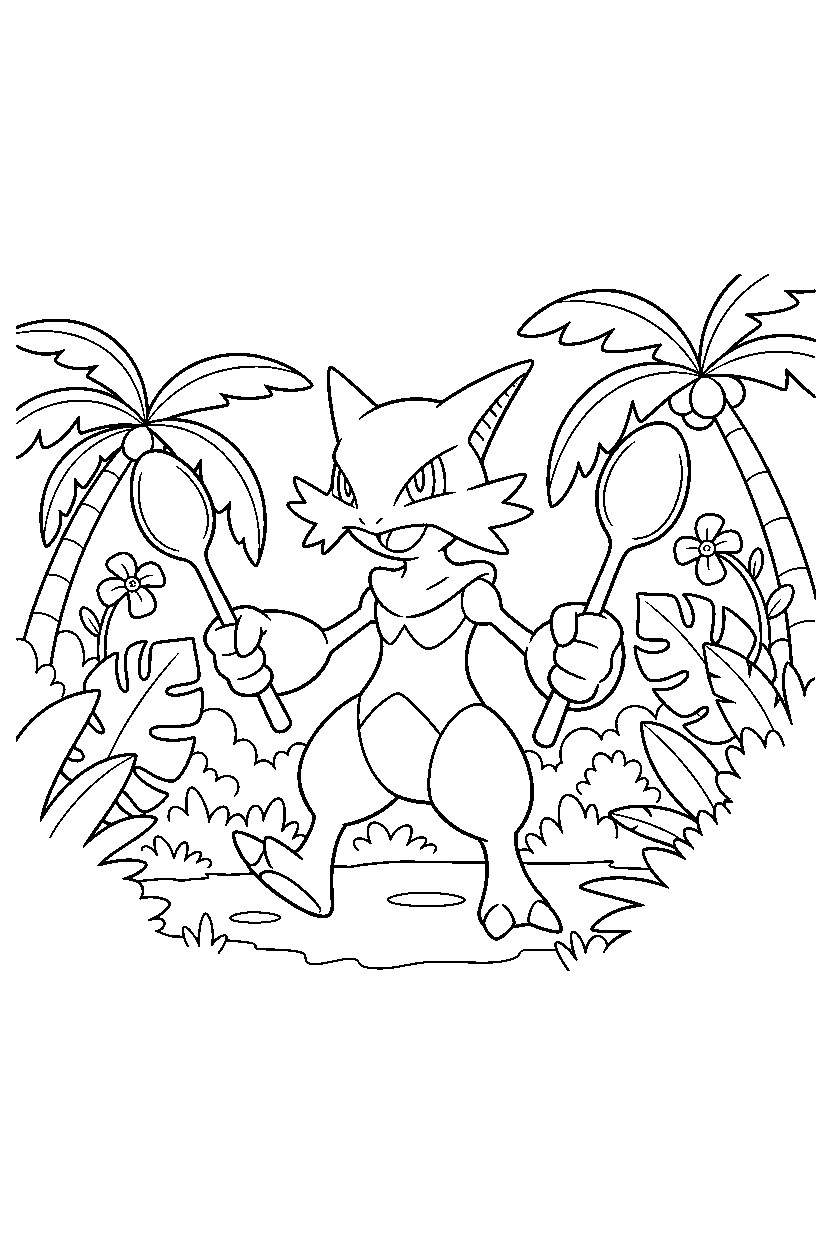 alakazam pokemon walking happily in a jungle line art