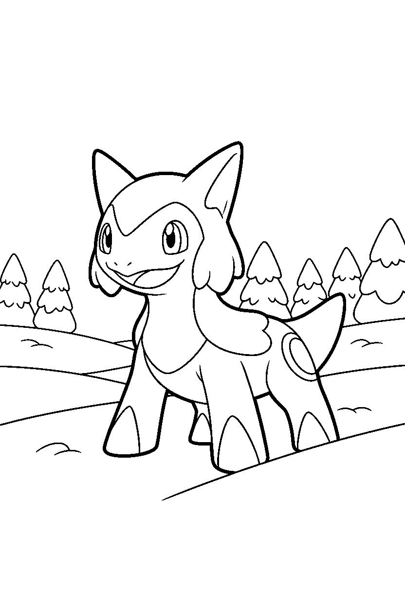 arceus pokemon looking happy in a snowy field line art