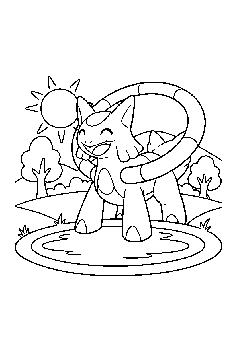 arceus pokemon looking happy near a peaceful pond line art