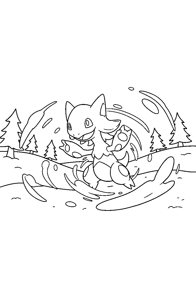 arceus pokemon spinning happily in a snowy field line art