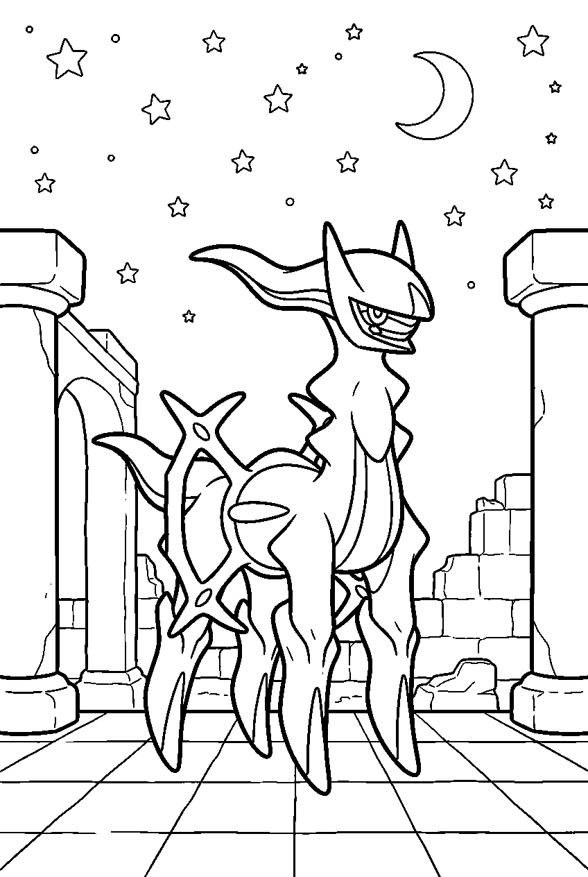 arceus standing beneath stars at an ancient temple line art