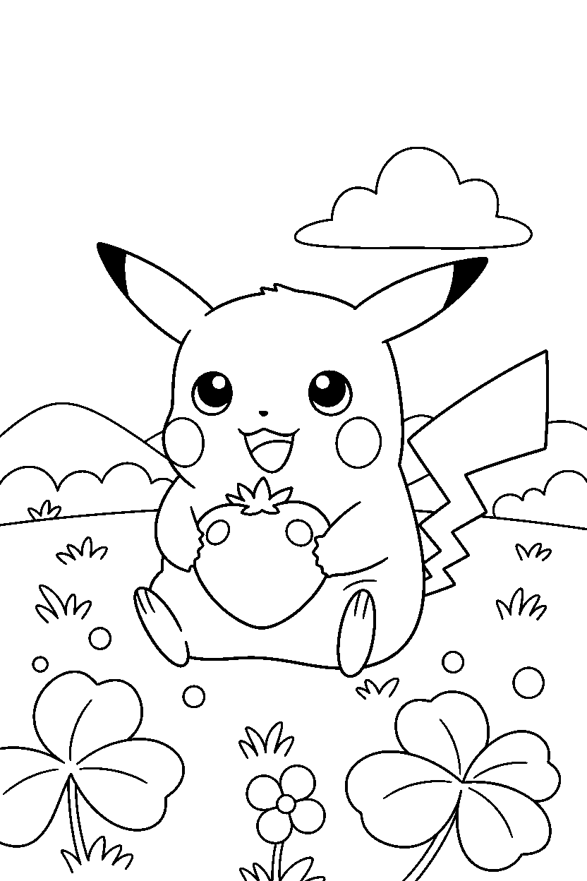 baby pokemon holding a berry in a countryside field line art