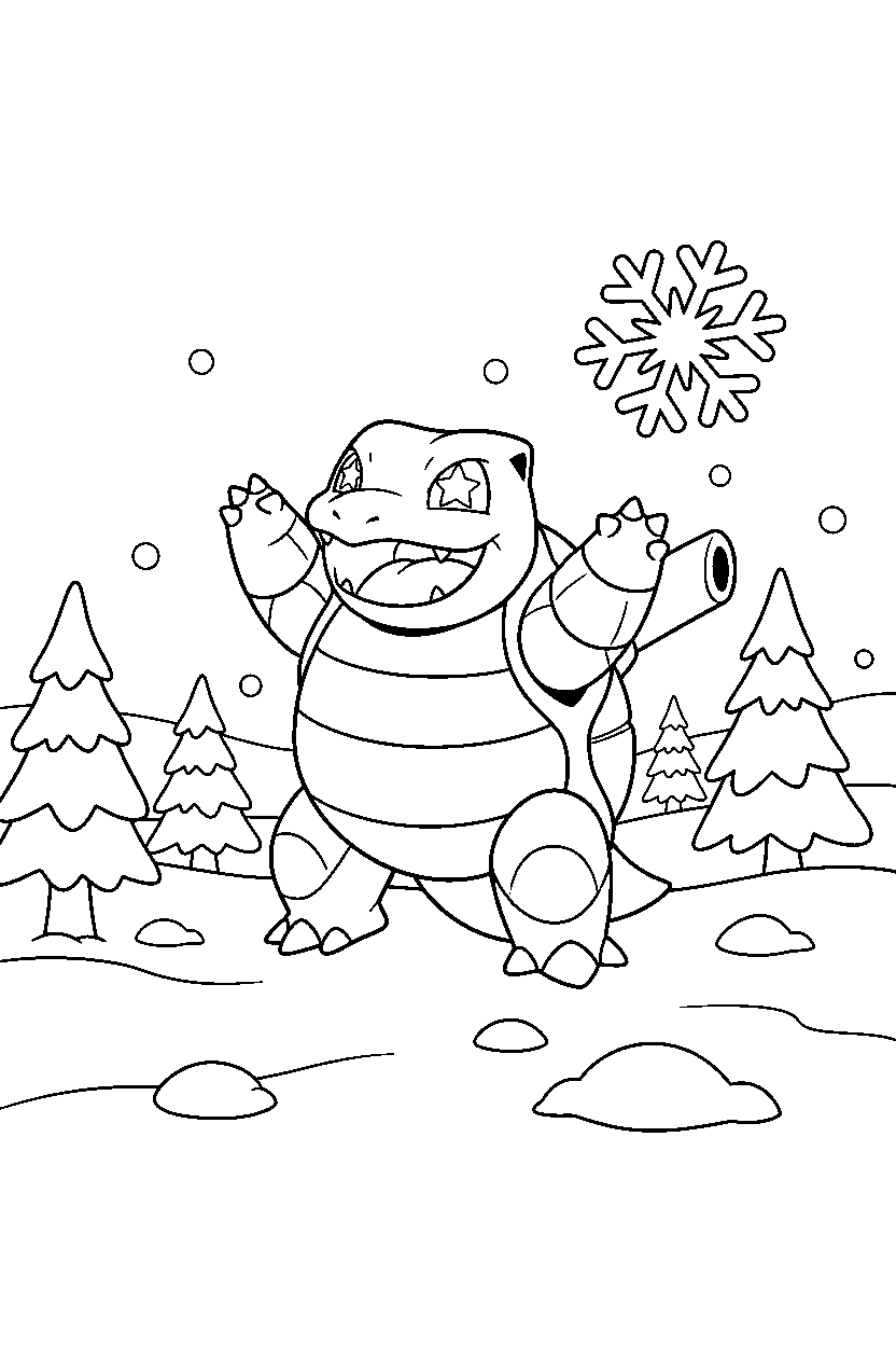blastoise pokemon cheering happily in a snowy field line art