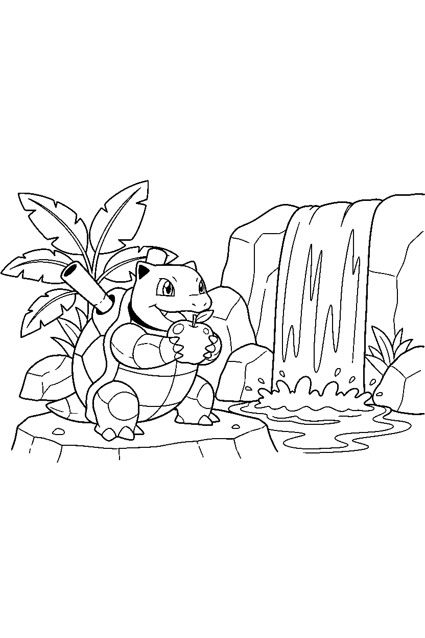 blastoise pokemon eating a snack near a waterfall line art
