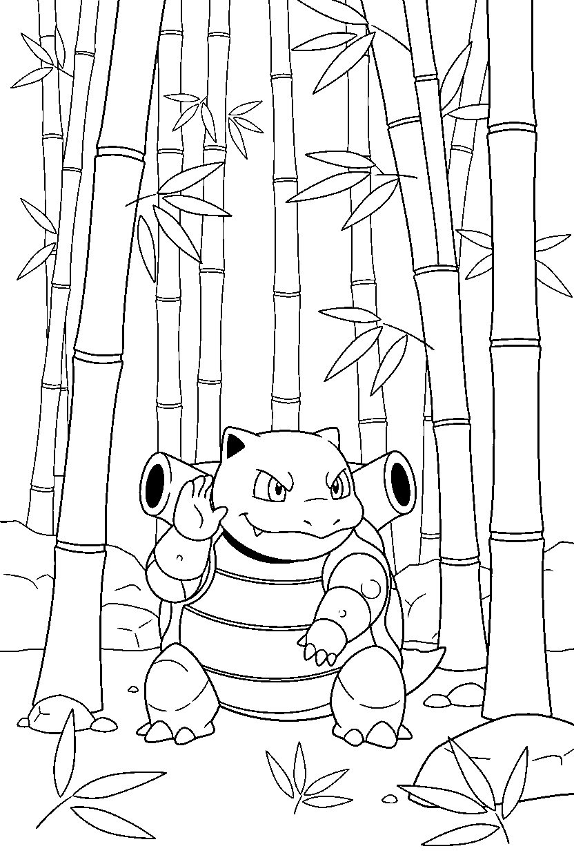 blastoise pokemon listening carefully in a bamboo forest line art