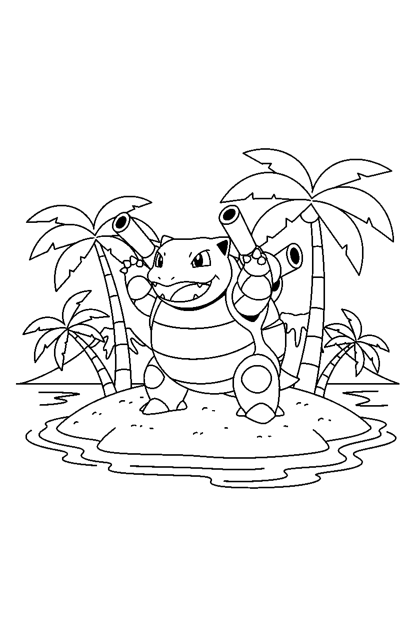blastoise pokemon looking excited on a tropical island line art