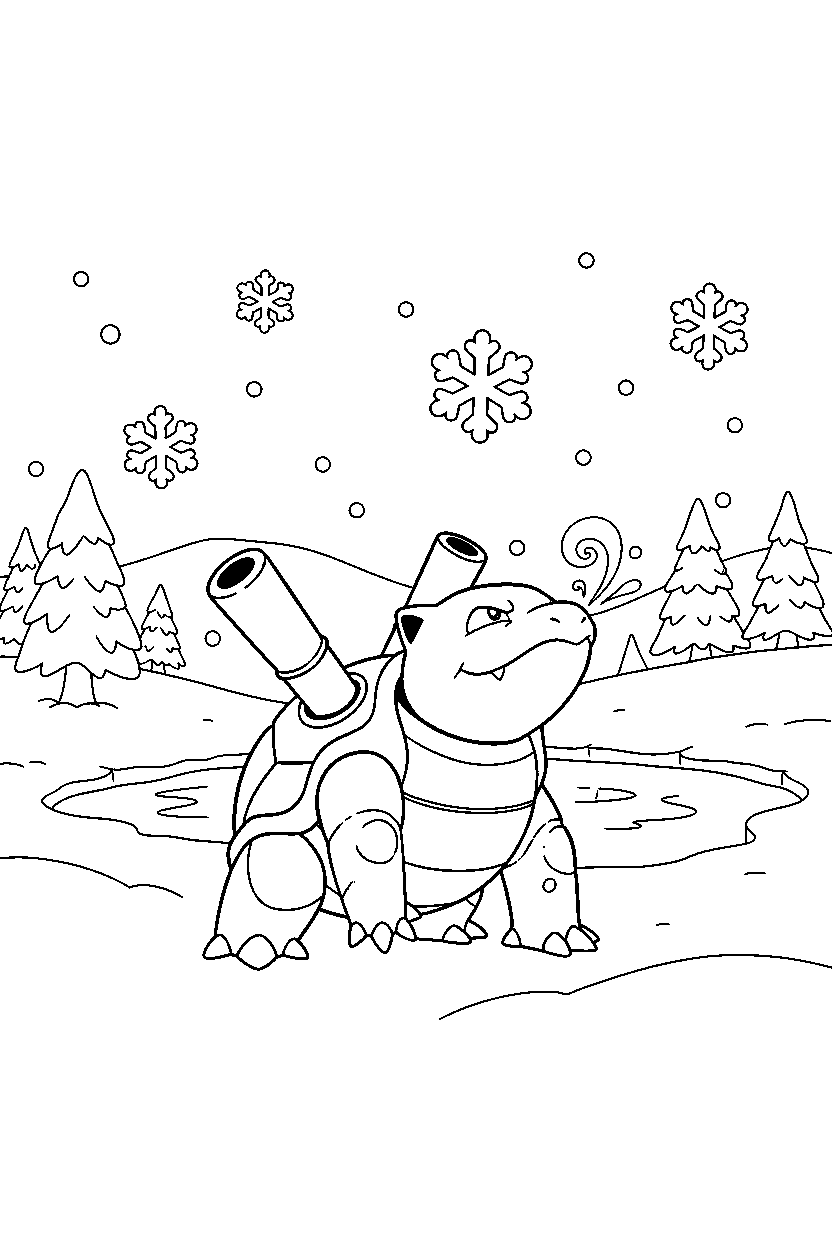 blastoise pokemon sniffing the air in a winter landscape line art