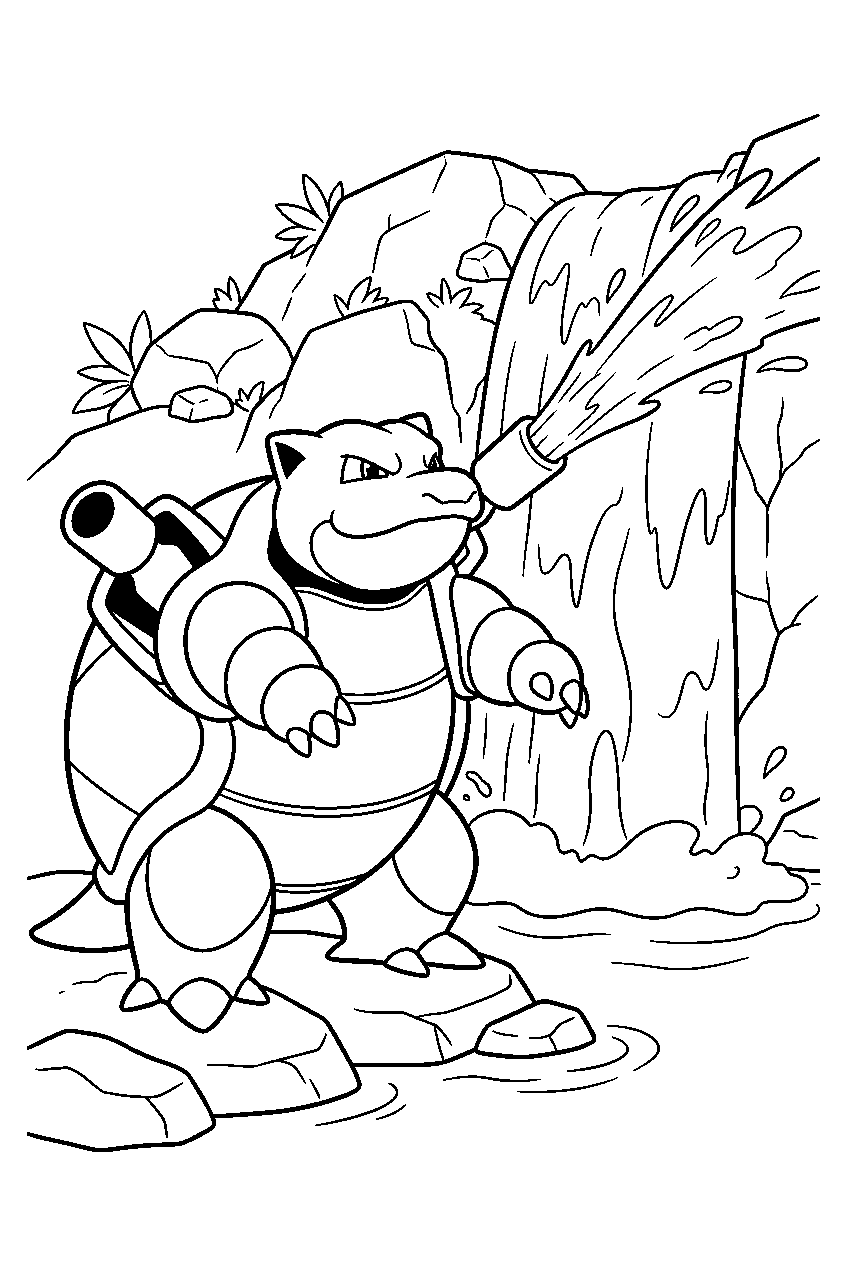 blastoise spraying water beside a rocky waterfall line art