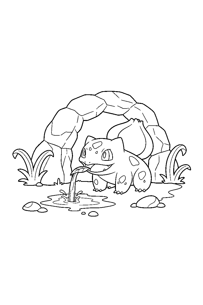 bulbasaur pokemon drinking water near a cave entrance line art