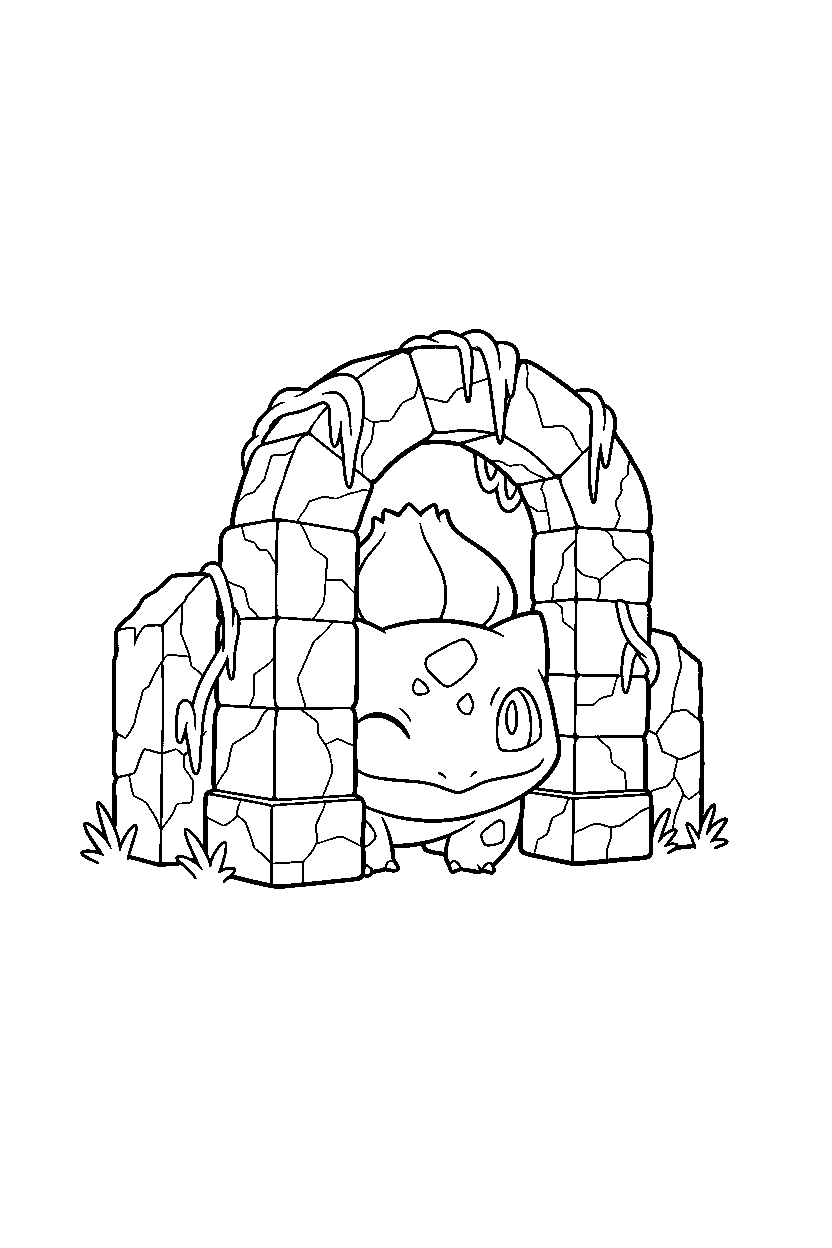 bulbasaur pokemon hiding playfully near ancient ruins line art