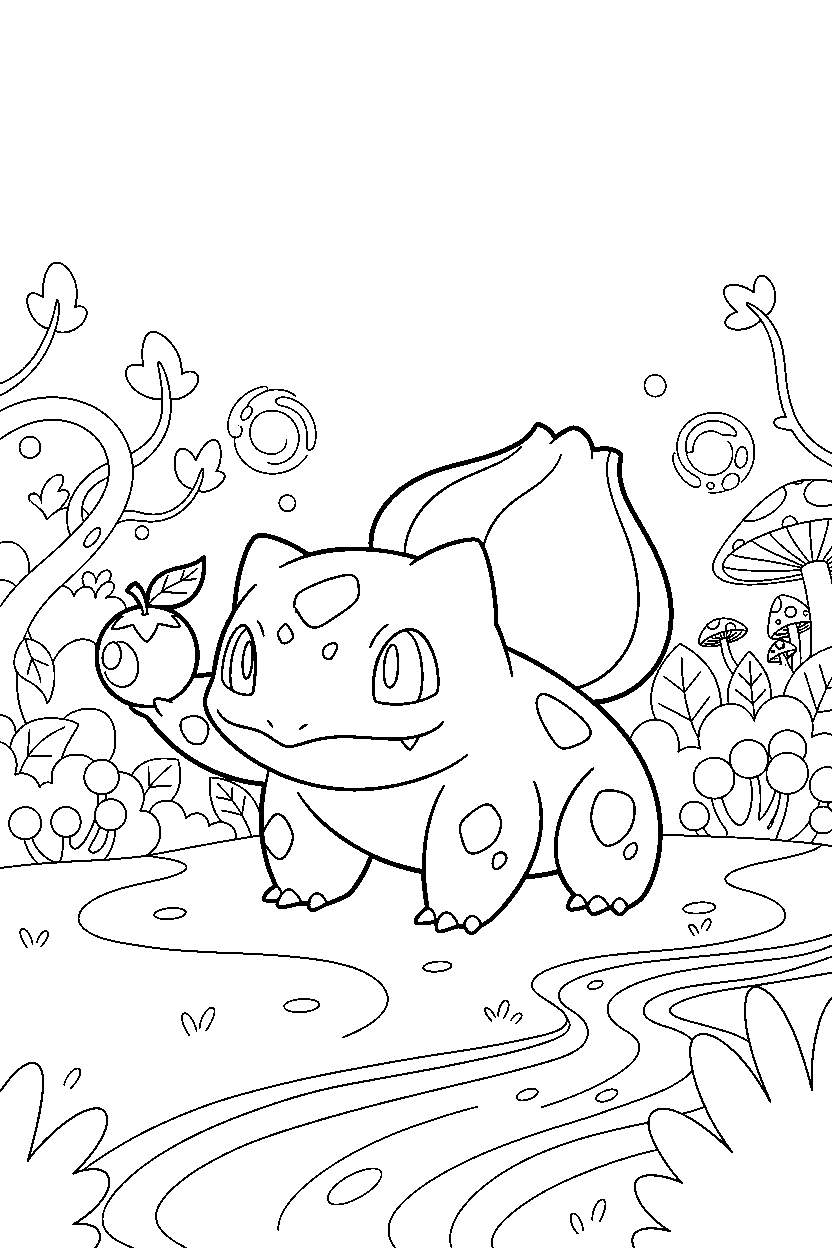 bulbasaur pokemon holding a berry in a magical landscape line art