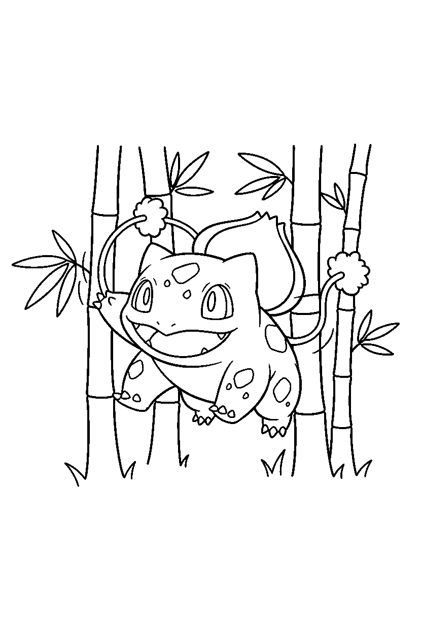 bulbasaur pokemon jumping happily in a bamboo forest line art
