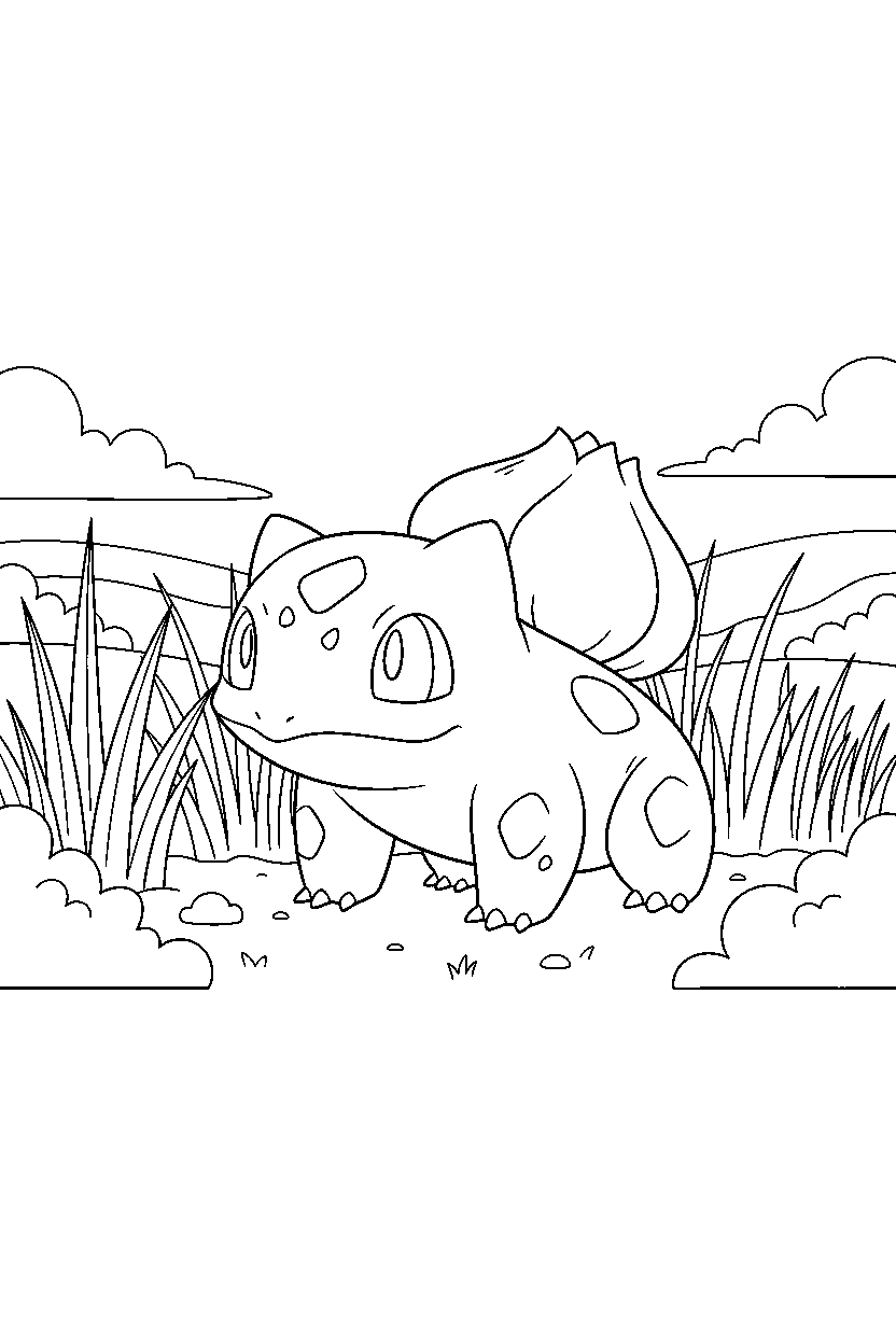 bulbasaur pokemon looking around in a grassy field line art