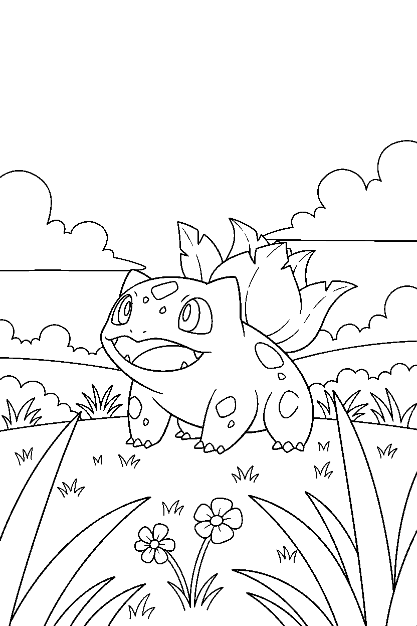 bulbasaur pokemon looking surprised in a countryside field line art