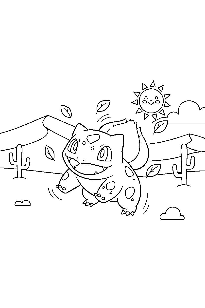 bulbasaur pokemon playing happily in a desert line art