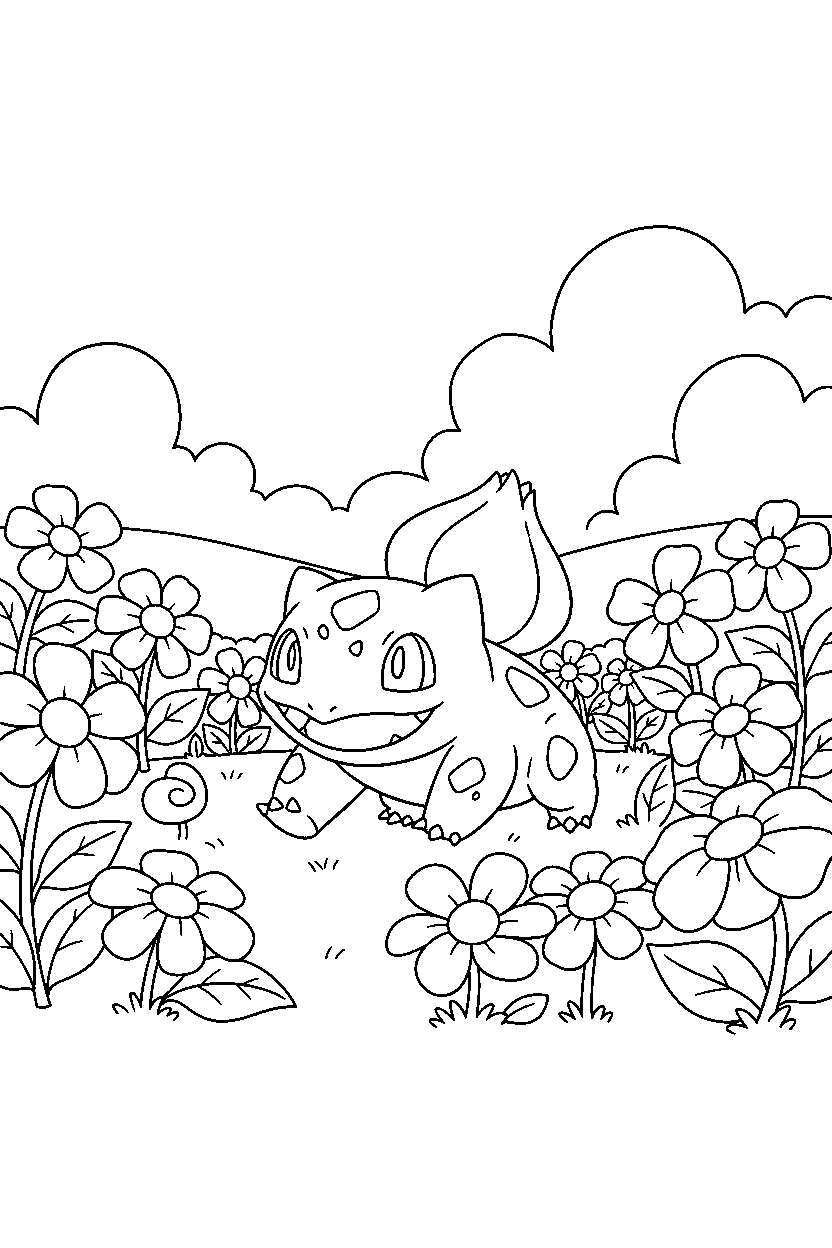 bulbasaur pokemon running happily in a flower garden line art