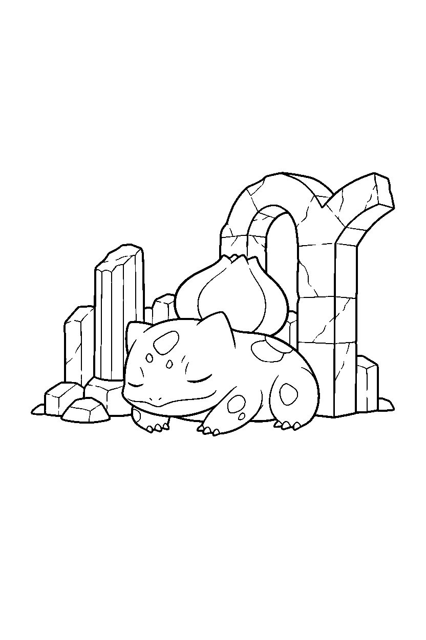 bulbasaur pokemon sleeping peacefully near ancient ruins line art