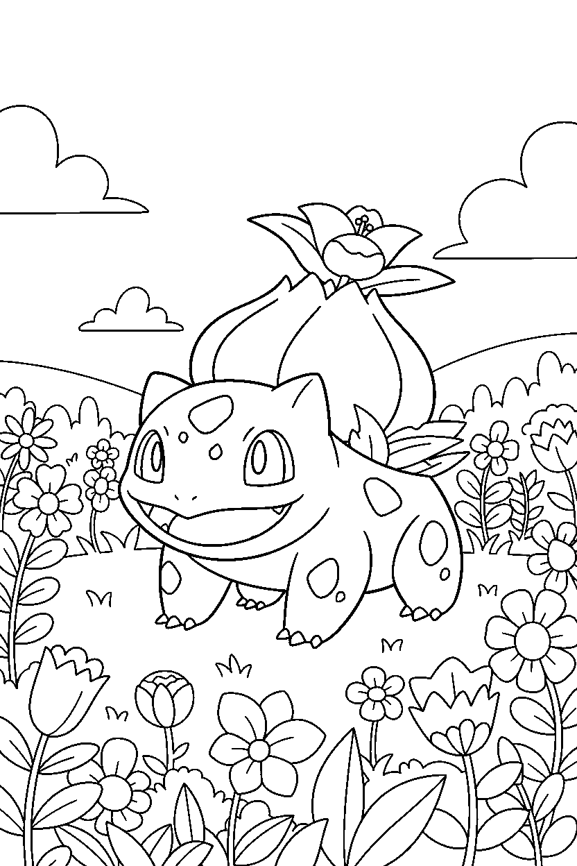 bulbasaur pokemon smiling happily in a flower field line art