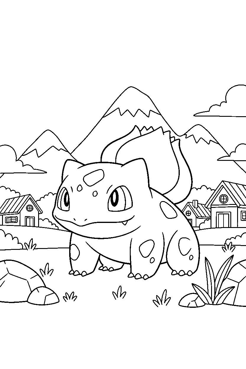 bulbasaur pokemon standing proudly in a mountain village line art
